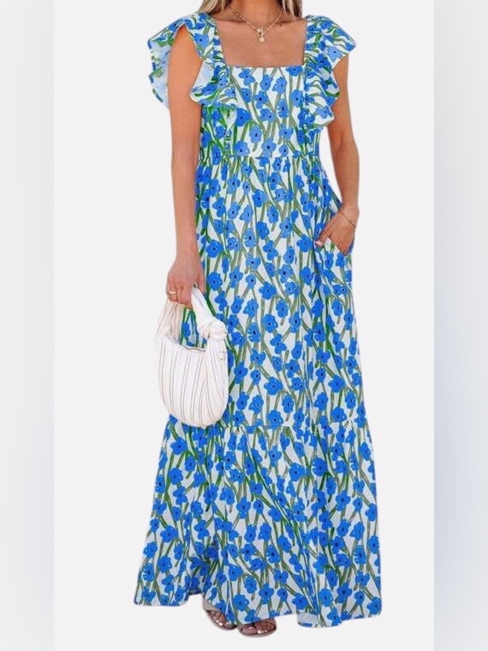 Little Daisy Closet Blue Floral Maxi Dress XL Square Neck Ruffle Straps Boho